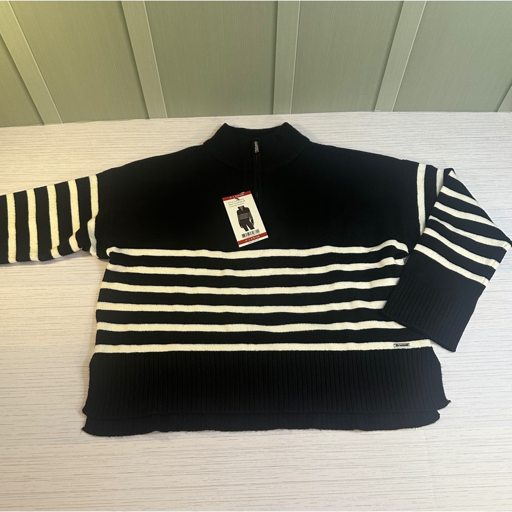 DKNY Womens XL Quarter Zip Striped Sweater Black White Turtle Neck DJ000975